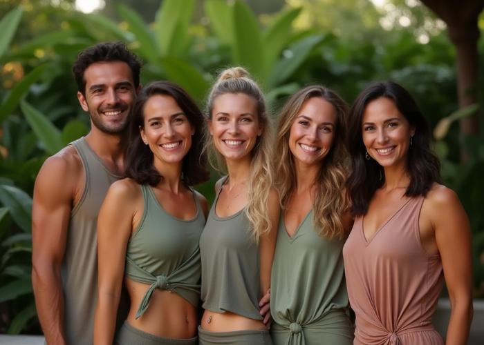 Equipo de instructores de Zen Congelado sonriendo en el jardín.
