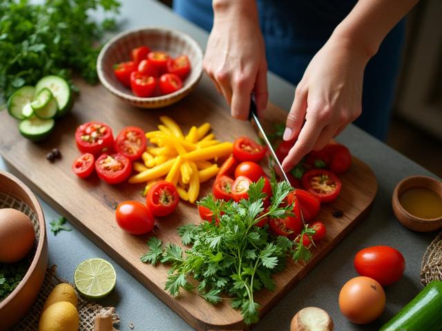 Manos preparando comida saludable en un taller de cocina