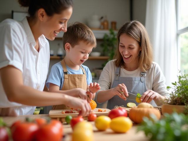 Familia feliz colaborando para preparar un snack saludable con frutas frescas y verduras.