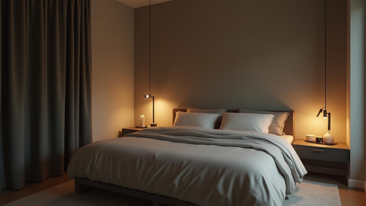 Habitación de Zen Congelado optimizada para el descanso con cortinas blackout y cama cómoda.