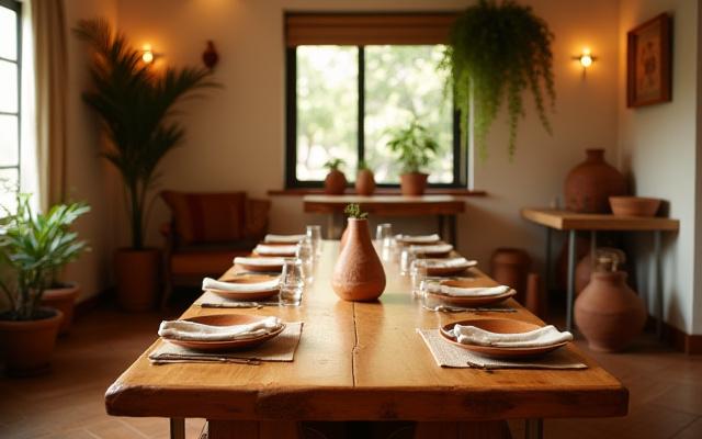 El acogedor comedor comunitario con una gran mesa de madera rústica, decorado con arte local y elementos naturales, esperando a los comensales.
