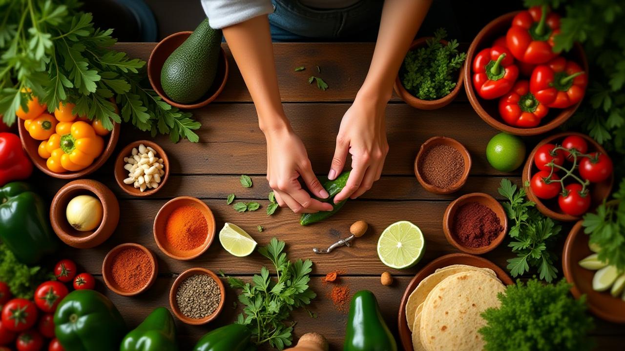 Plano cenital de una mesa de trabajo de cocina colorida con vegetales frescos, especias y manos que preparan alimentos, simbolizando la alimentación consciente.